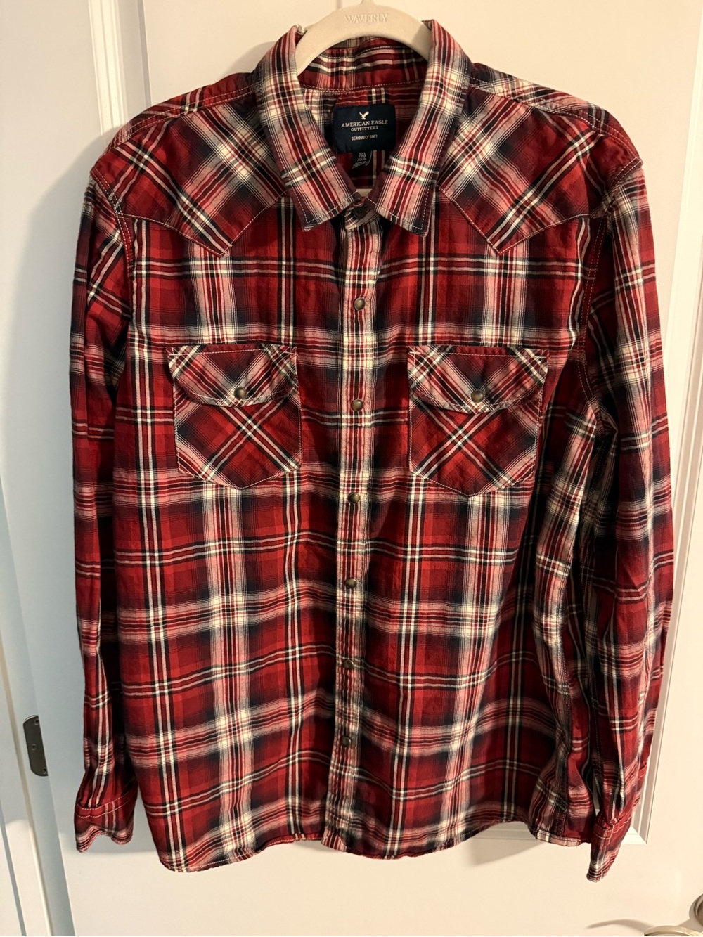American Eagle Outfitters Red and White Plaid Flannel Shirt